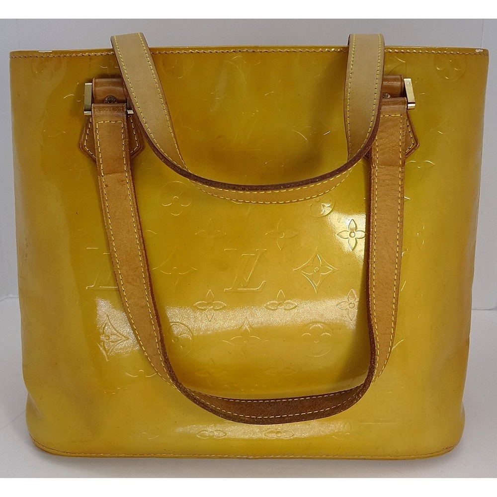 Authentic Louis Vuitton Monogram Vernis Houston Tote Bag Yellow Leather Handbag